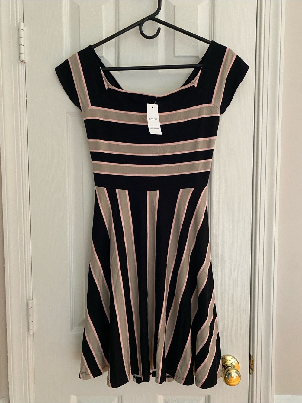 LOFT Women’s Petite Striped Fit-and-Flare Dress in Black & Blush